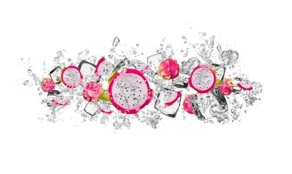 Dragon fruit in water splash on white background — Stock Photo, Image