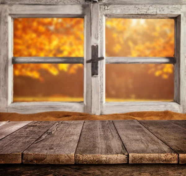 Autumn still life with empty wooden planks — Stock Photo, Image