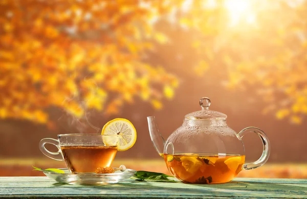Осенний натюрморт с чашкой чая на деревянных досках — стоковое фото