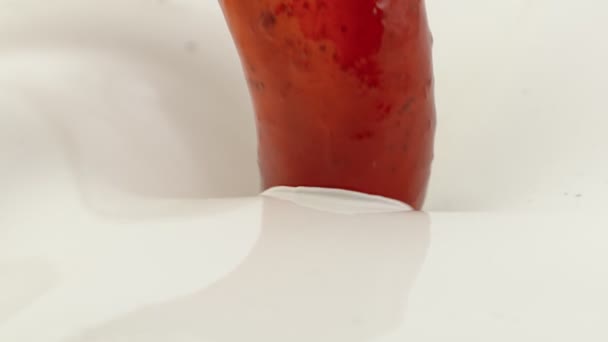 Super Slow Motion Mixing Cream Strawberries Topping Detail Filmed High — Stock Video