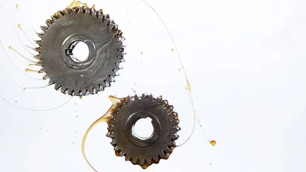 Tooth Gear Wheels Oil Splash Freeze Motion Lubrication Concept — Fotografia de Stock