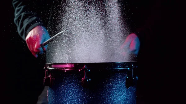 Freeze Motion Drummer Hitting Drum Water Splashes Isolated Black Background — Stock Photo, Image