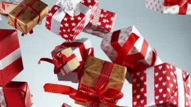 Renkli arka planda izole edilmiş süper yavaş uçan hediyeler. Yüksek hızlı sinema kamerası, 1000 fps..