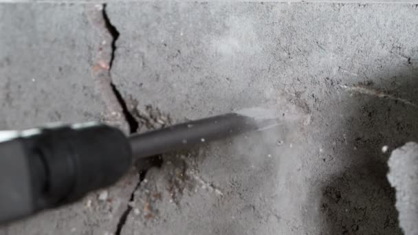 Super Langzame Beweging Van Detail Van Een Drilboor Boren Beton — Stockvideo