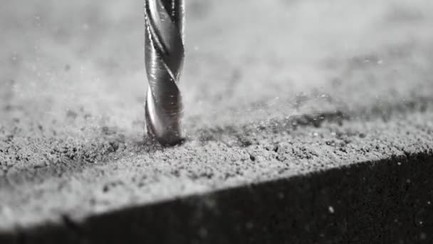 Movimento Super Lento Detalhe Uma Broca Perfuração Concreto Filmado Câmera — Vídeo de Stock