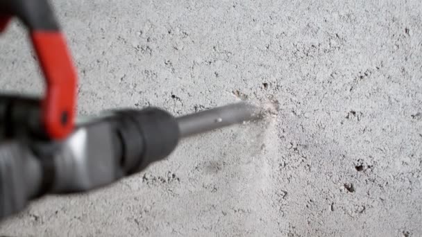 Super Slow Motion Detail Jackhammer Drilling Concrete Filmed Very High — Stock Video