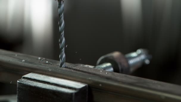 Super Slow Motion Detail Drill Bit Drilling Steel Pipe Filmed — Stock Video