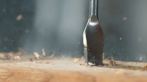 Super Slow Motion Detail Drill Bit Drilling Wood Filmed High — Stock Video