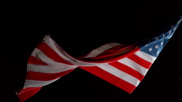 Super Slow Motion Waving Flag Usa Isolated Black Background Filmed — Stock Video