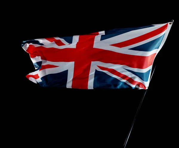 Bandera Del Reino Unido Soplando Viento Aislado Sobre Fondo Negro — Foto de Stock