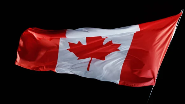 Bandera Canadiense Soplando Viento Aislado Sobre Fondo Negro Plano Estudio — Foto de Stock