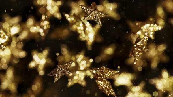 Gold stars flying up in the air, abstract background.