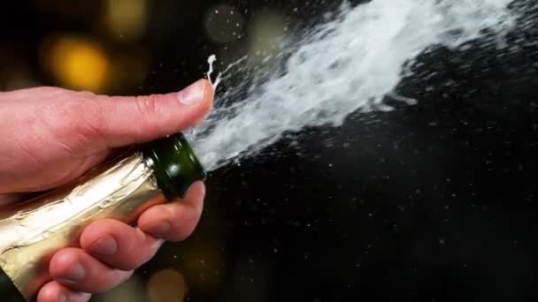 Super Slow Motion Van Champagne Explosie Openen Champagne Fles Close — Stockvideo