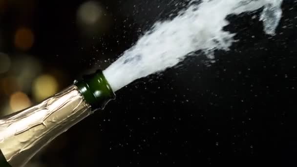 Super Slow Motion Champagne Explosion Opening Champagne Bottle Closeup Filmed — Stock Video