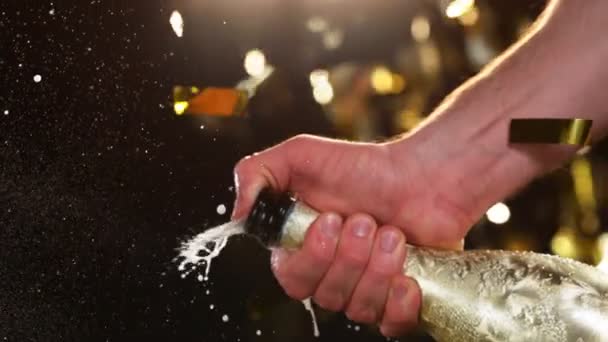 Super Rallentatore Dell Esplosione Champagne Apertura Bottiglia Champagne Primo Piano — Video Stock