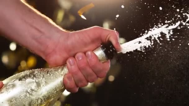 Super Slow Motion Van Champagne Explosie Openen Champagne Fles Close — Stockvideo