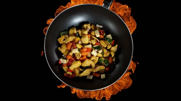 Asian Chicken Mix Wok Pan Flames Background High Angle View — Stock Photo, Image