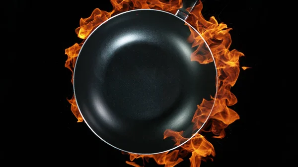 Empty Wok Pan Flames Background High Angle View Meal Preparation — Stock Photo, Image