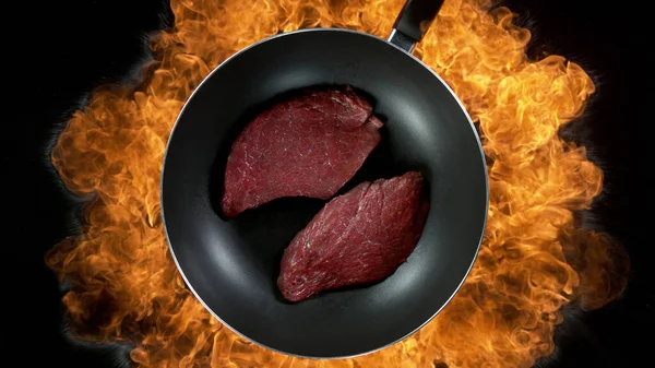 Beef Steaks Pan Flames Background High Angle View Meat Preparation — Stock Photo, Image