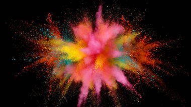 Siyah arkaplanda renkli toz, soyut barut patlaması