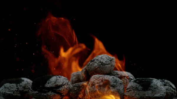 Burning Charcoal Isolated Black Background Free Space Text — Stock Photo, Image