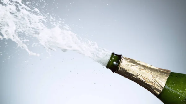 Close Explosão Garrafa Champanhe Tiro Estúdio — Fotografia de Stock