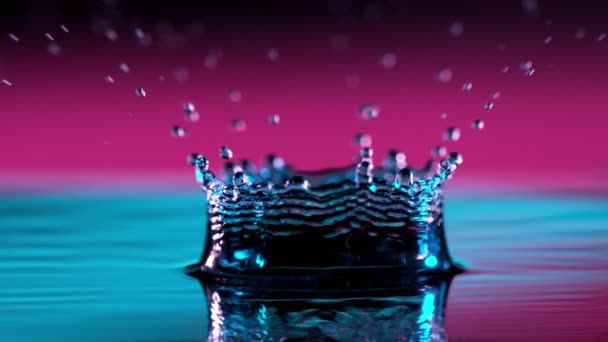 ネオンライトで照らされた水の王冠を振りかけるの超スローモーション 1000 Fpsという超高速カメラで撮影しました — ストック動画