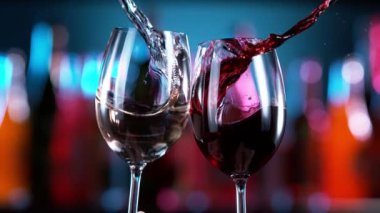 Beyaz ve kırmızı şarap kadehlerinin süper yavaş çekimleri tezahürat yapıyor. Yüksek hızlı sinema kamerası, 1000 fps..