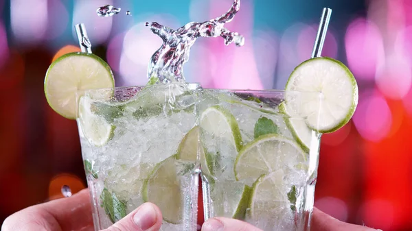 Closeup Two Mojito Drinks Hitting Each Other Cheers Gesture Bar — Stock Photo, Image