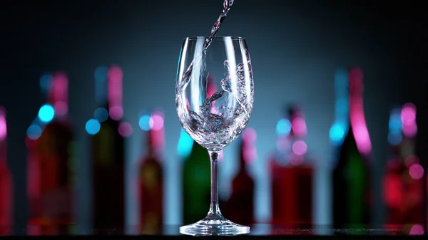 Witte Wijn Glas Gieten Wazige Flessen Met Bar Achtergrond — Stockfoto