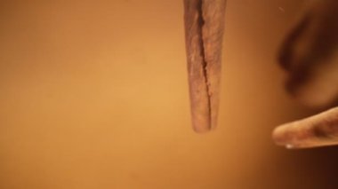 Düşen tarçın kabuklarının süper yavaş çekimi, makro çekim. Yüksek hızlı sinema kamerası, 1000fps.