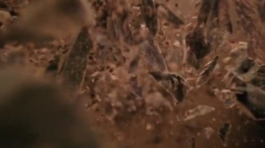 Düşen bir grup çiğ çikolata parçasının süper yavaş çekimi. Yüksek hızlı sinema kamerası, 1000fps.
