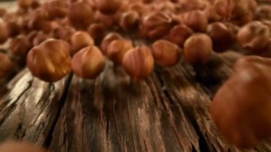 Kameralı ahşap üzerinde dönen fındıkların süper yavaş çekimi. Yüksek hızlı sinema kamerası, 1000fps.