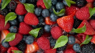 Su sıçratan böğürtlenlerin süper yavaş çekimi, üst manzara. Yüksek hızlı sinema kamerası, 1000 fps..