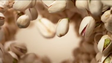 Dönüşümlü hareket halinde uçan fıstıkların süper yavaş çekimi. Yüksek hızlı sinema kamerası, 1000fps.