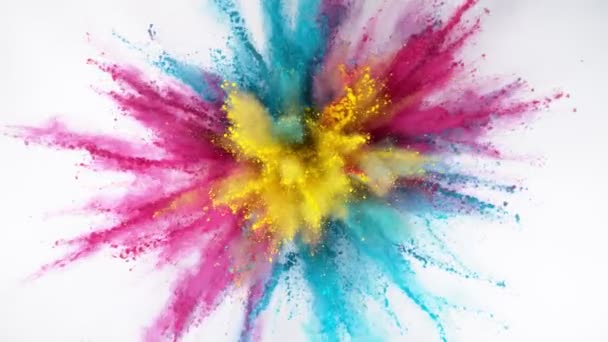 Mouvement Super Lent Explosion Poudre Colorée Isolé Sur Fond Blanc — Video