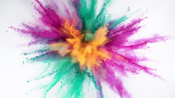 Super Slow Motion Färgat Pulver Explosion Isolerad Vit Bakgrund Inspelning — Stockvideo