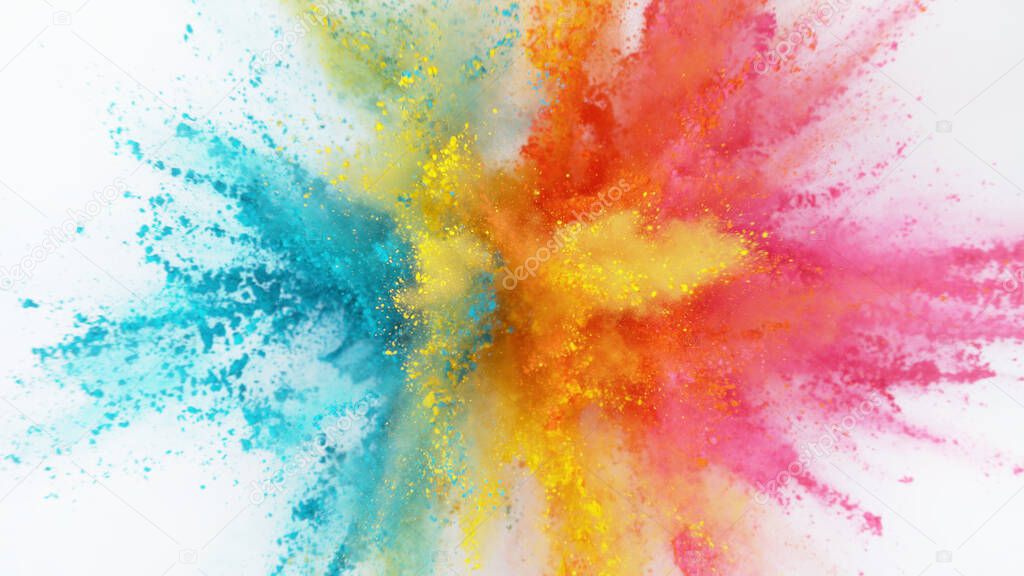 Explosion of colored powder isolated on white background