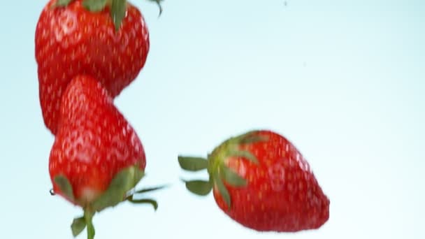 Super Cámara Lenta Caída Fresas Agua Salpicada Filmado Cámara Cine — Vídeo de stock