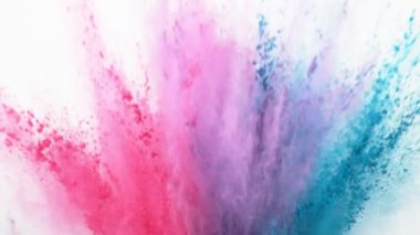 Beyaz arka planda izole edilmiş süper yavaş renkli barut patlaması. Yüksek hızlı sinema kamerası, 1000fps.