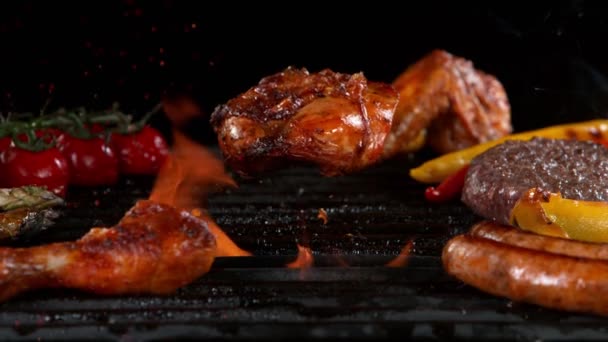 Super Slow Motion Chicken Steak Falling Grill Fire Black Background — Stock Video