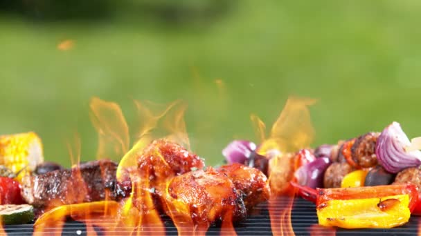 Super Slow Motion Kycklingben Grill Med Eld Gräs Bakgrunden Inspelning — Stockvideo