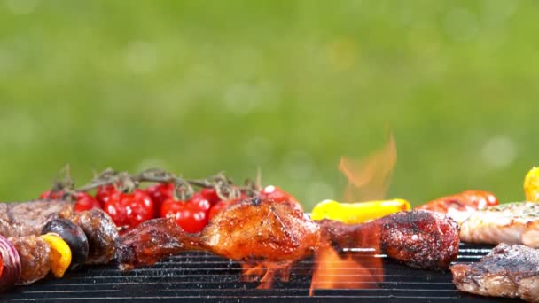 Super Slow Motion Falling Chicken Leg Placed Grill Filmed High — Stock Video