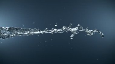 Mavi arka planda izole edilmiş çok yavaş su sıçratma hareketi. Yüksek hızlı sinema kamerası, 1000 fps..