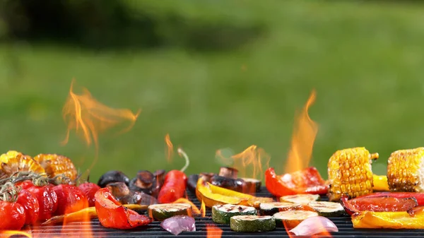 Różne Pyszne Grillowane Warzywa Umieszczone Grillu Ogniem Ogród Zewnątrz Grill — Zdjęcie stockowe