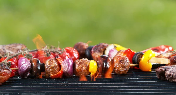 Deliciosa Carne Espeto Grelhada Com Legumes Carne Fresca Chamas — Fotografia de Stock