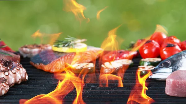 Assorted Delicious Grilled Fish Meat Vegetables Outdoor Grill Barbecue Mix — Stock Photo, Image