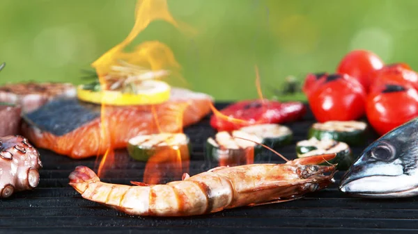 Assortiment Délicieuses Viandes Poisson Grillé Avec Des Légumes Barbecue Grill — Photo