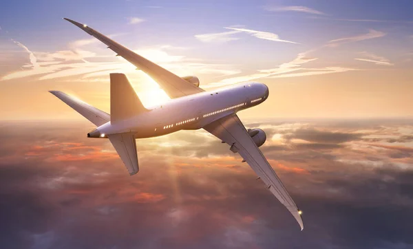 Passagierflugzeuge Fliegen Bei Sonnenuntergang Über Wolken Konzept Für Schnelles Reisen — Stockfoto