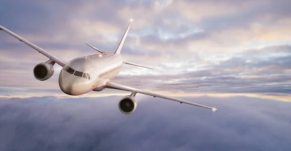 Passagierflugzeuge Fliegen Bei Sonnenuntergang Über Wolken Konzept Für Schnelles Reisen — Stockfoto